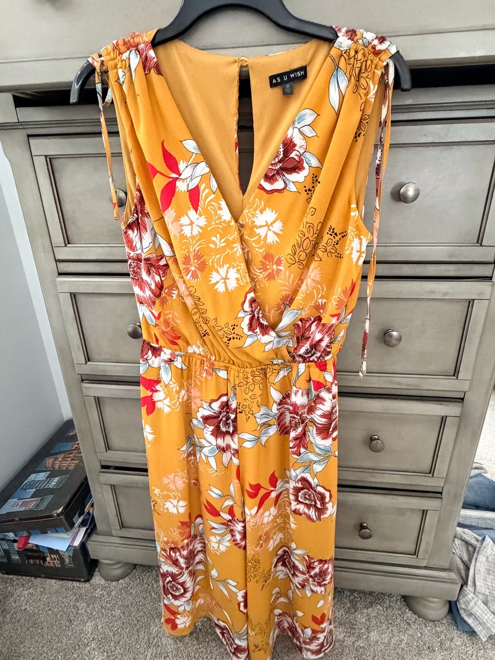 As U Wish Mustard Floral Wrap Midi Dress with Red and White Blooms
